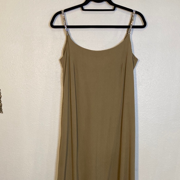 90s vintage Calvin Klein Nude Silk Rhinestone Embellished Strap Flowy Maxi Dress - Picture 1 of 12